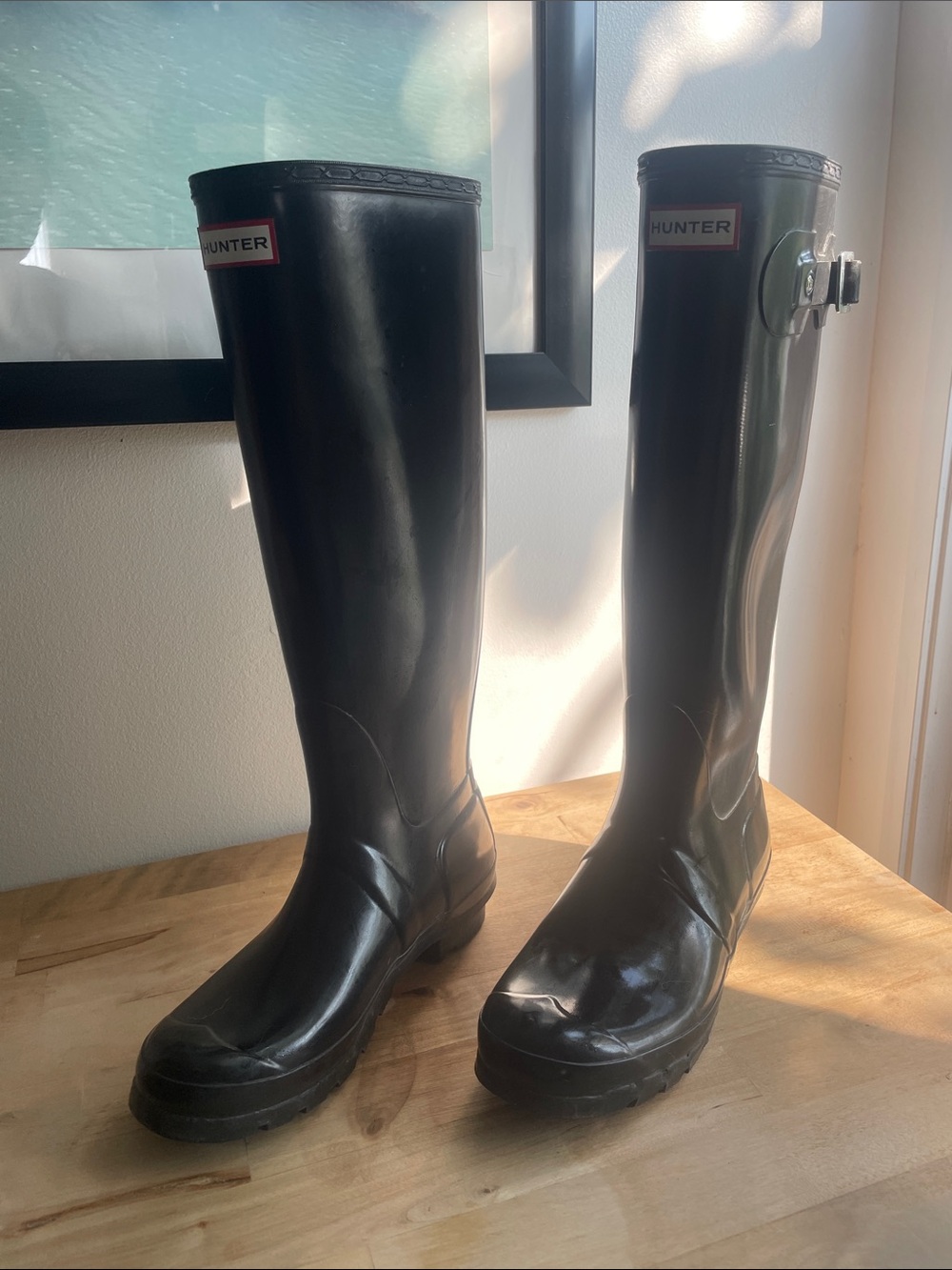 Hunter Knee-High Black Rubber Rain Boots with Side Buckle